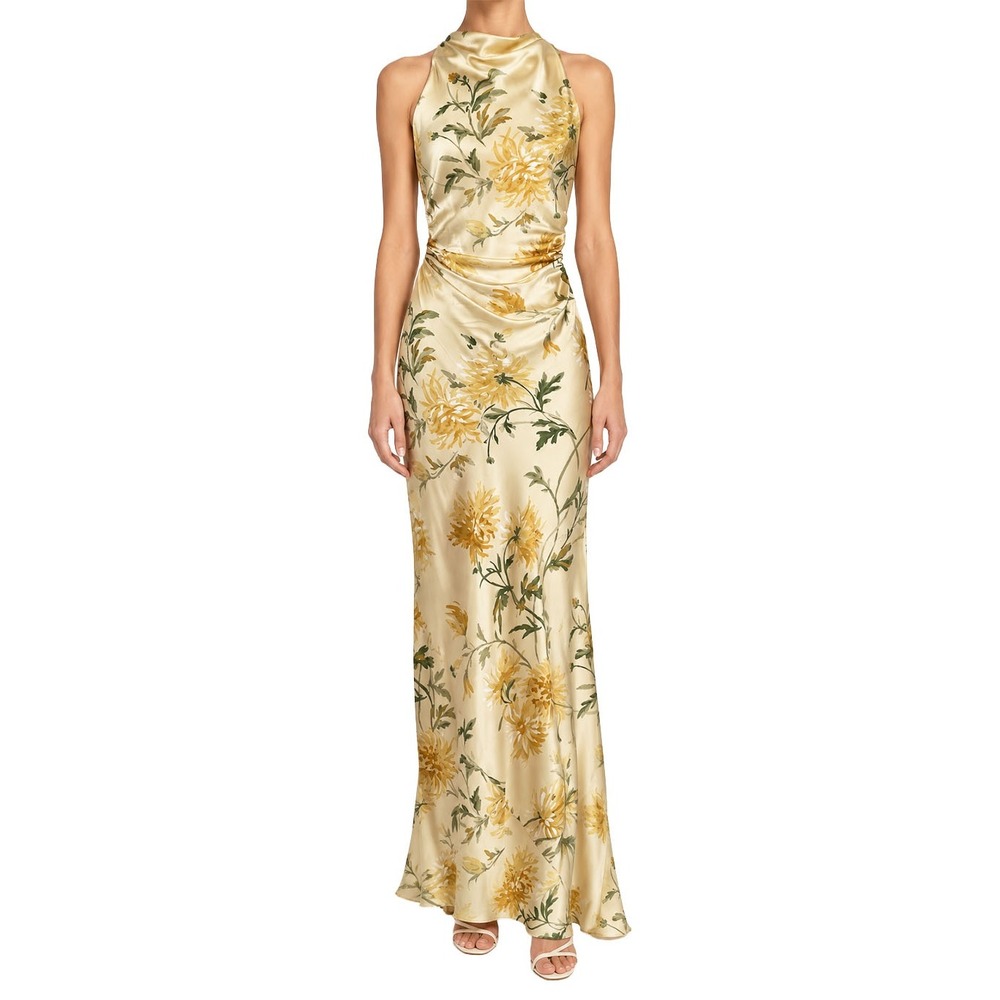 Reformation Anaiis Silk Maxi Dress Halter Honeyglow Yellow Floral 2